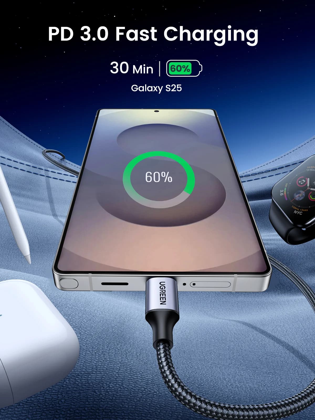 Kabel USB-C na USB-C, rychlonabíjení PD 3.0 60W