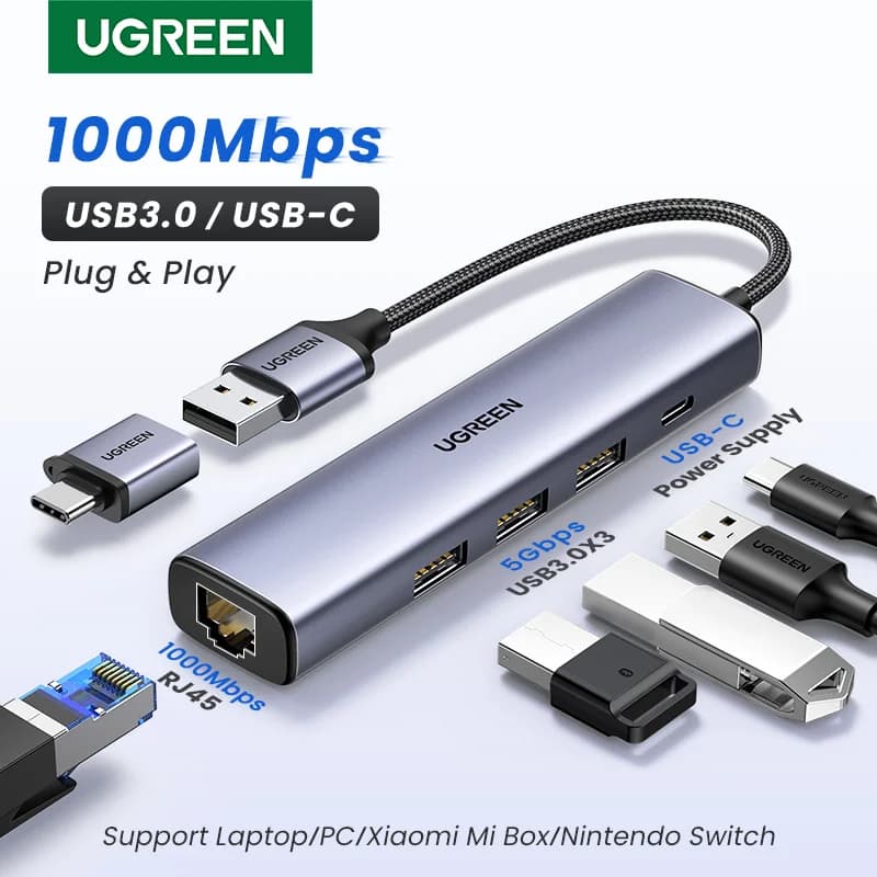 Ethernet adaptér USB-C s RJ45 1000Mbps a USB hubem