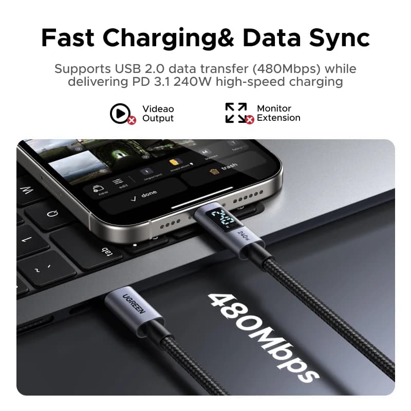 USB-C kabel 240W s digitálním ukazatelem výkonu