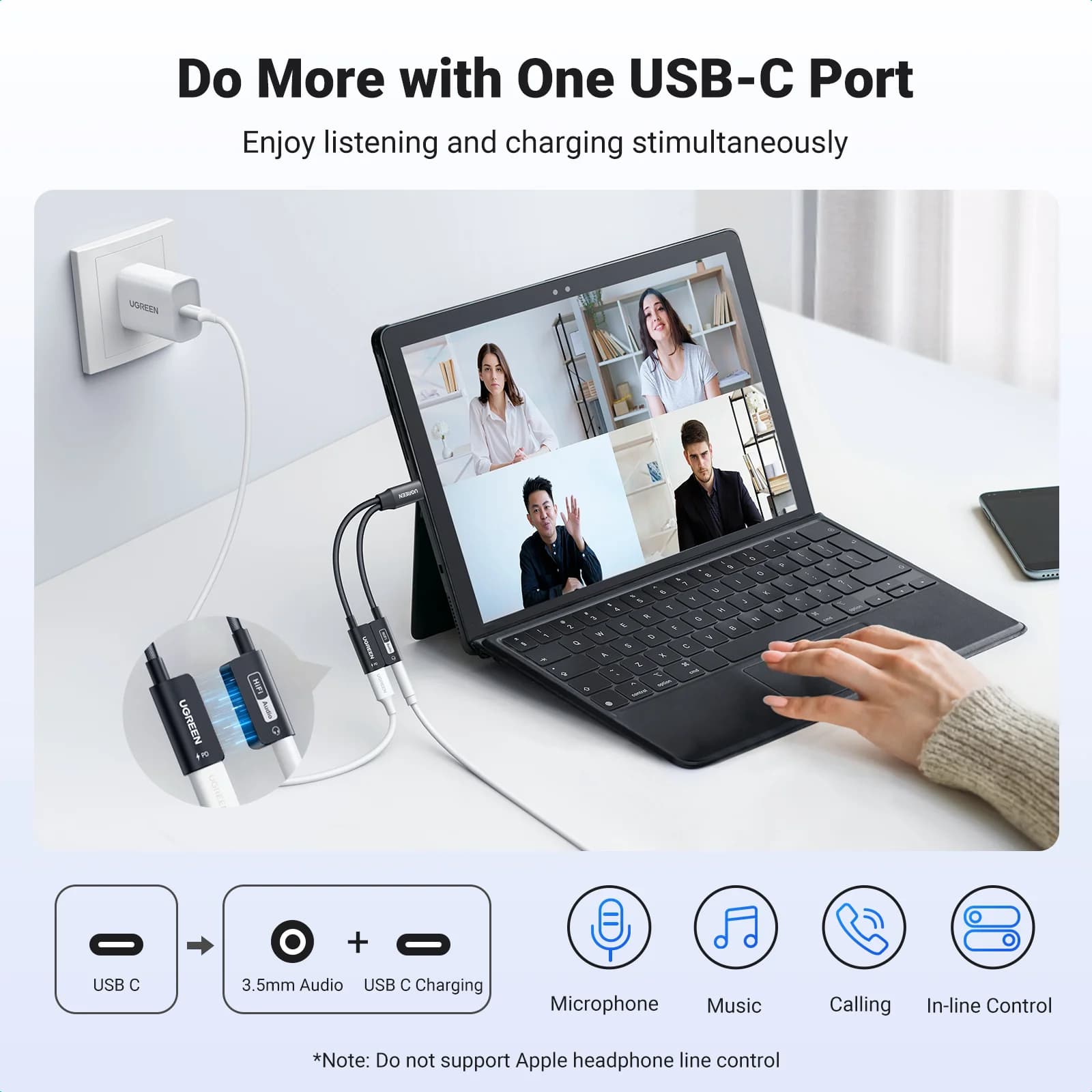 USB-C adaptér pro sluchátka a PD nabíjení
