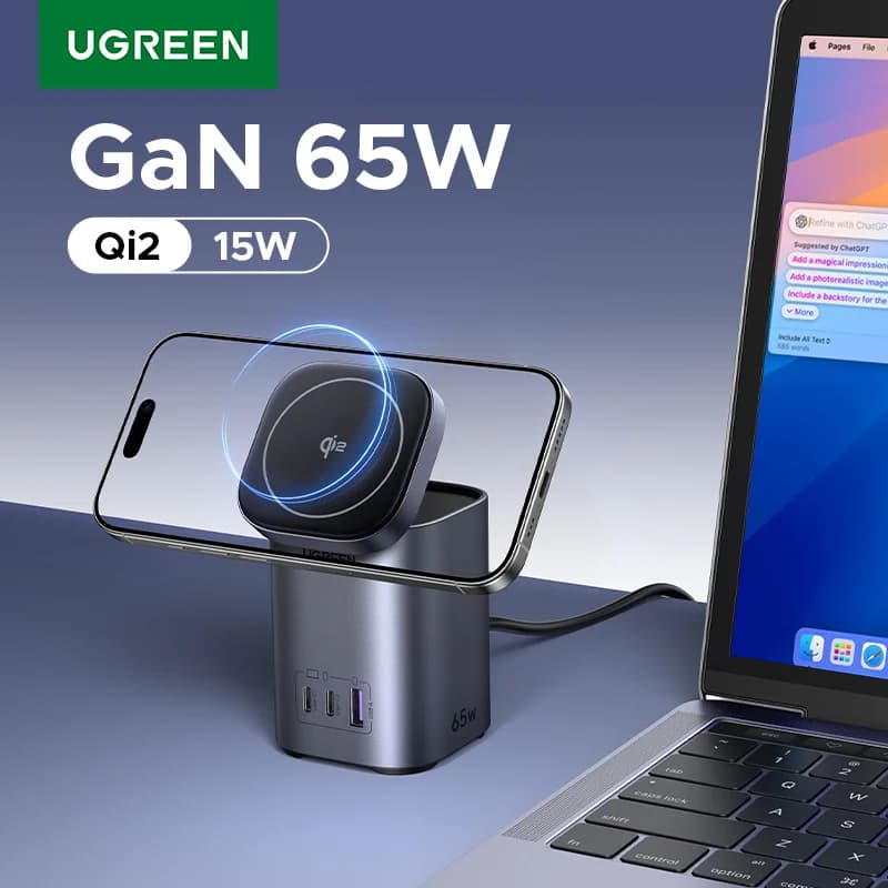 65W GaN stolní nabíječka s Qi2 bezdrátovou stanicí