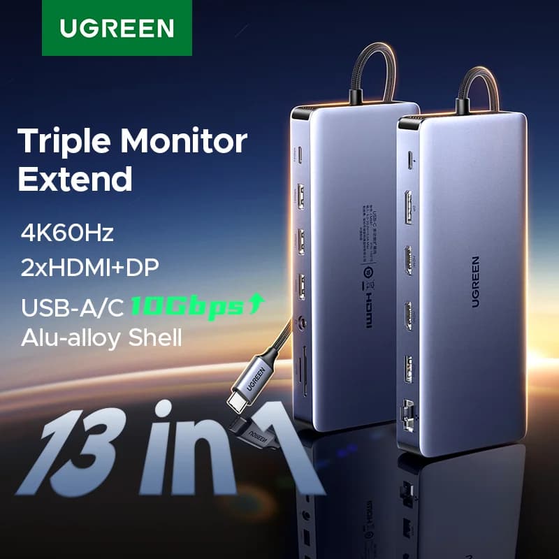 13v1 USB-C dokovací stanice s trojitým displejem a RJ45