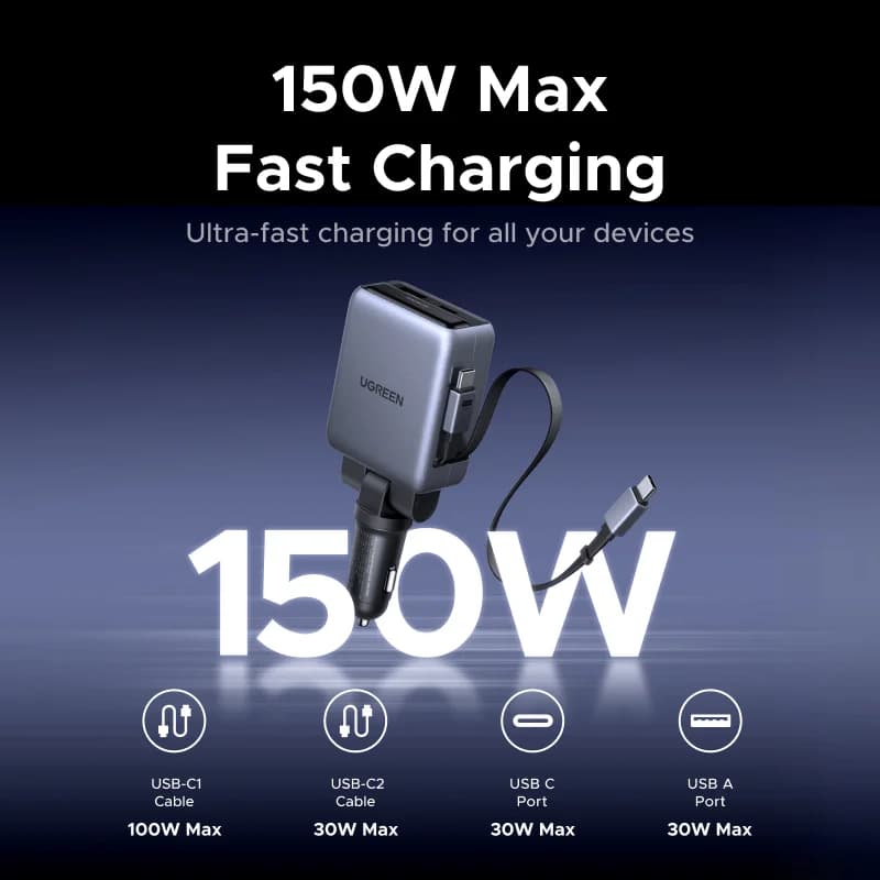 Automobilová nabíječka 150W se zasouvacími kabely