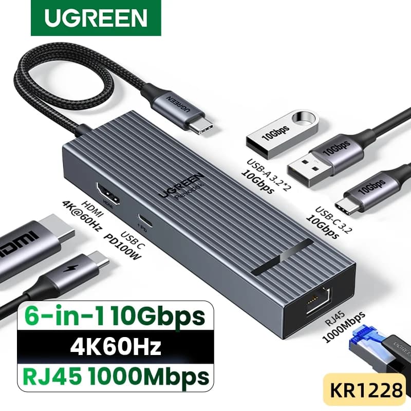 6v1 USB-C hub, 4K HDMI, Gigabit Ethernet, 100W PD
