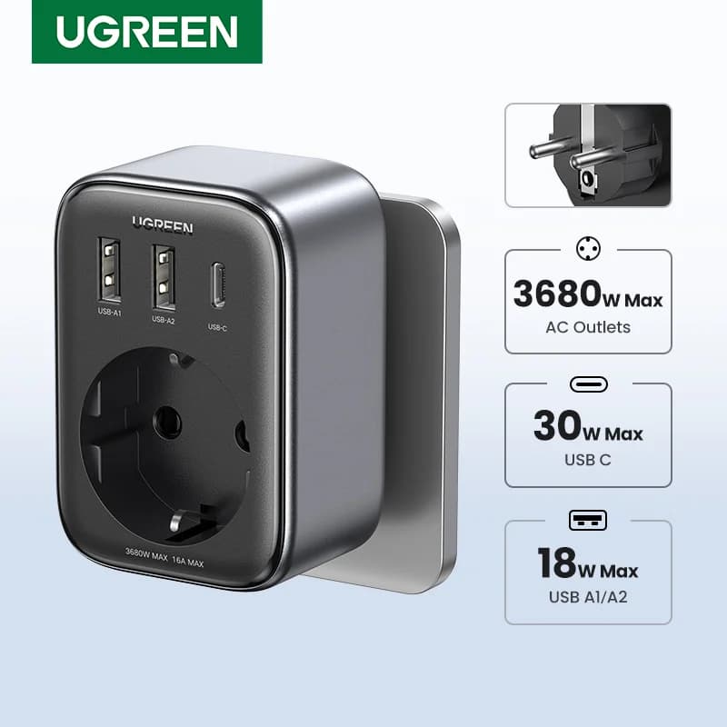 30W GaN PD nabíječka s AC zásuvkami a USB porty