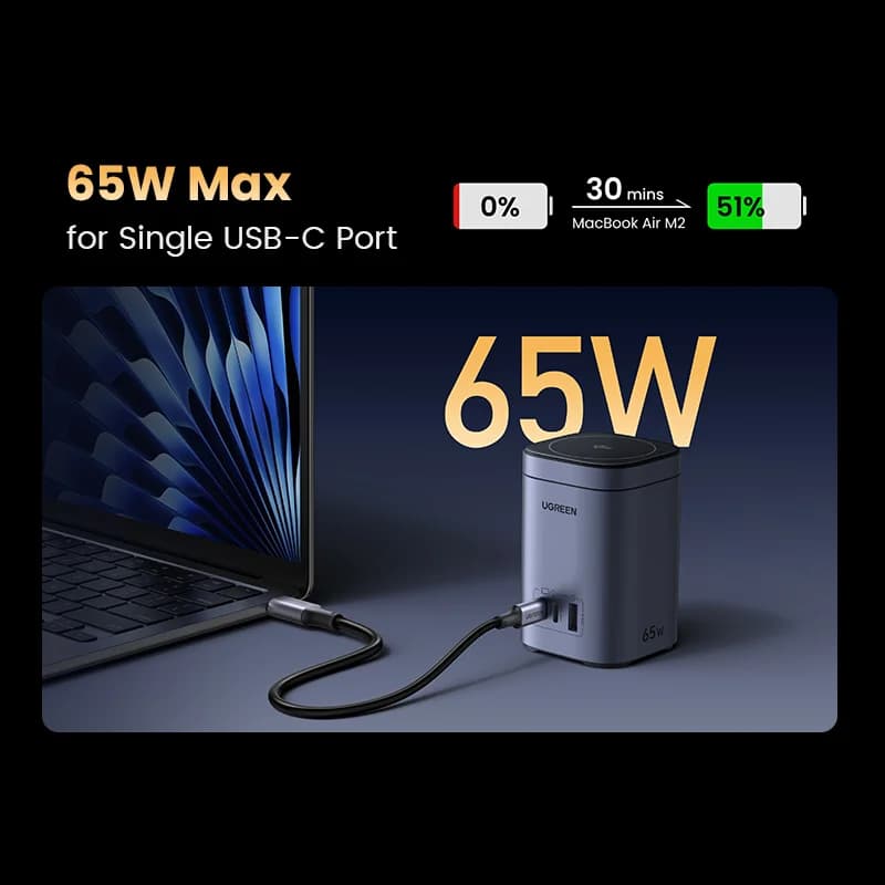 65W GaN stolní nabíječka s Qi2 bezdrátovou stanicí